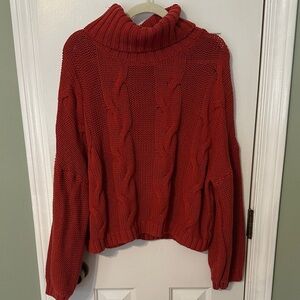 Cozy Red-Burnt Orange Cable Knit Turtleneck Sweater